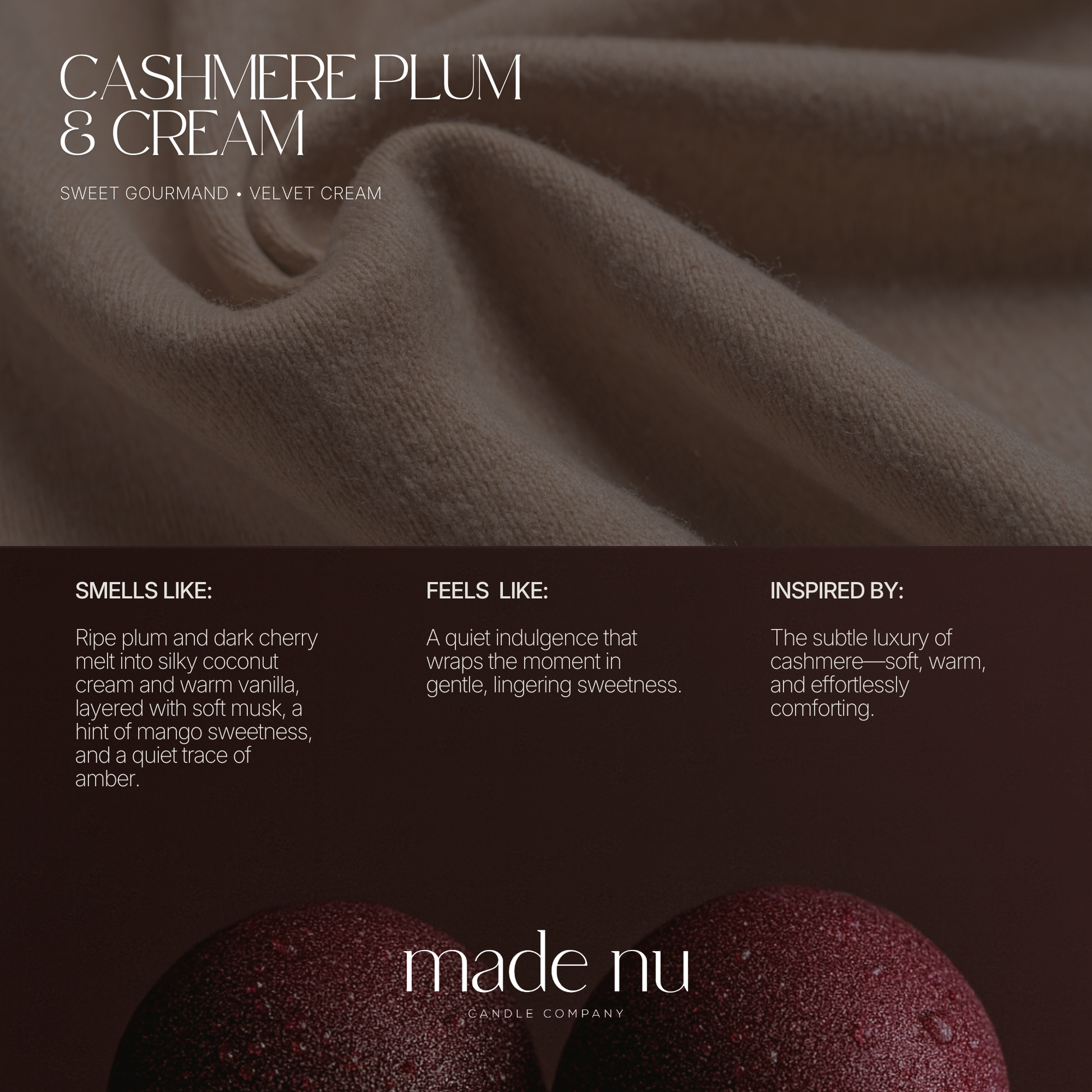 Cashmere Plum & Cream fragrance notes including plum, black cherry, citrus and vanilla luxury candle scent