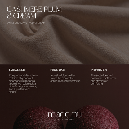 Cashmere Plum & Cream fragrance notes including plum, black cherry, citrus and vanilla luxury candle scent