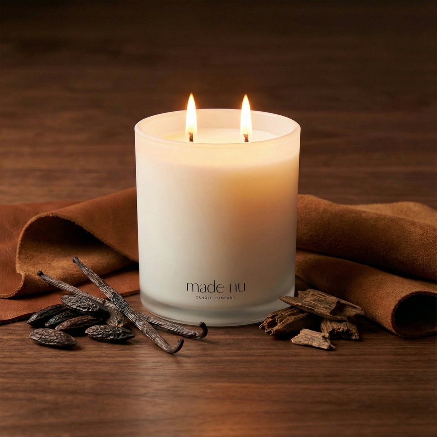 Tonka & Leather candle burning with warm amber glow, coconut soy luxury candle with leather, tonka bean and bourbon fragrance