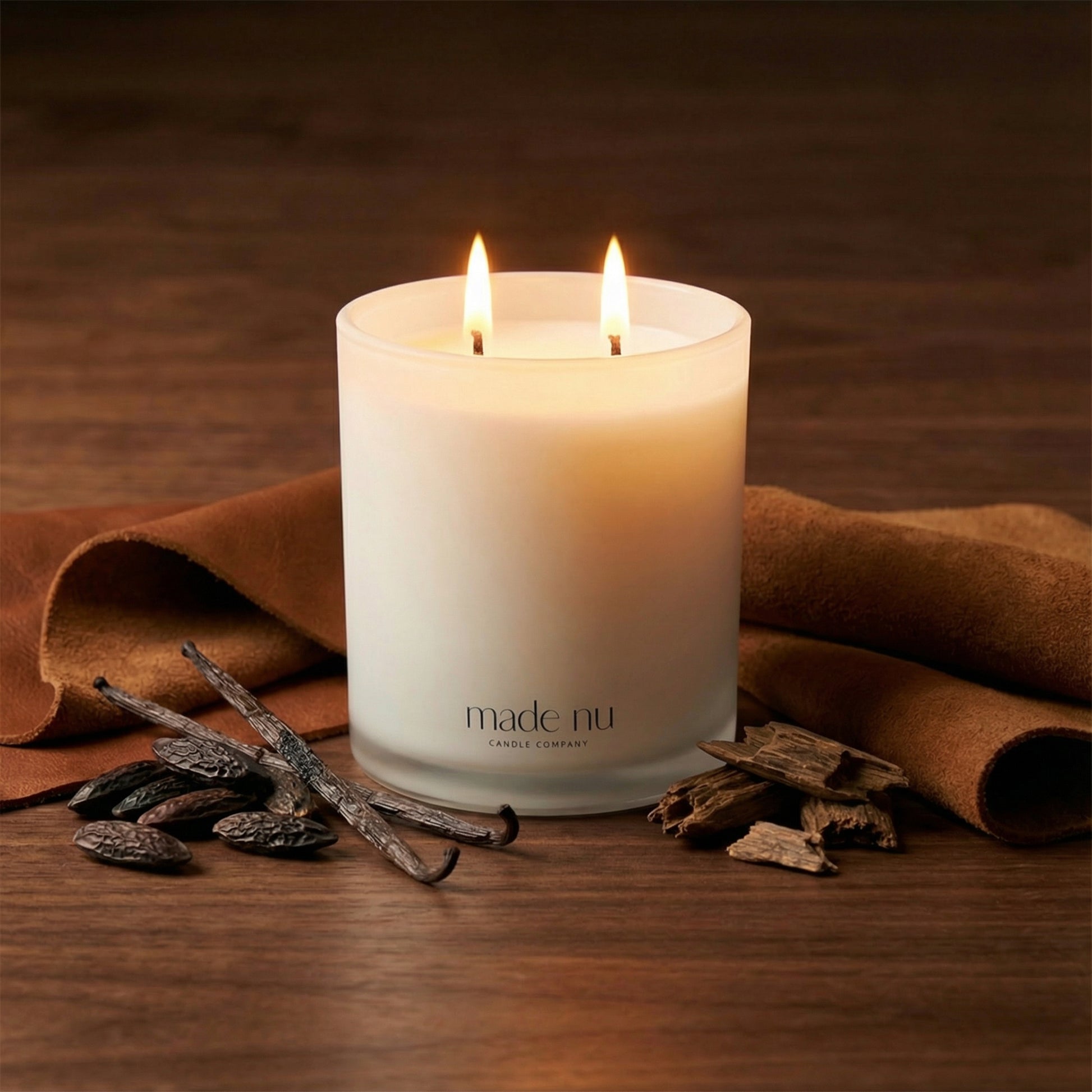 Tonka & Leather candle burning with warm amber glow, coconut soy luxury candle with leather, tonka bean and bourbon fragrance
